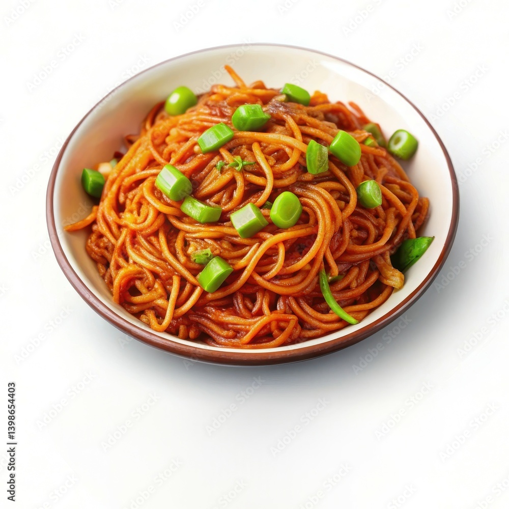 Delicious Spicy Noodles savory sauce green onions in a bowl Delicious Spicy Noodles savory sauce green onions in a bowl