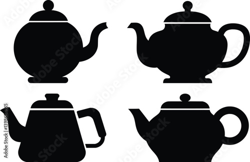 Teapot Silhouette Vector Illustration Set, Vintage and Modern Tea Kettle Vector Icons.