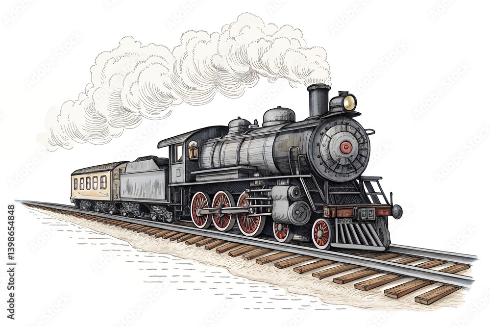Fototapeta premium Vintage Steam Train Locomotive on Tracks Retro Railroad Travel Illustration