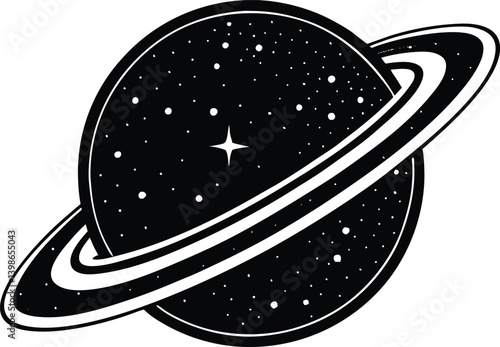 Elegant black and white illustration of a ringed planet amidst the stars
