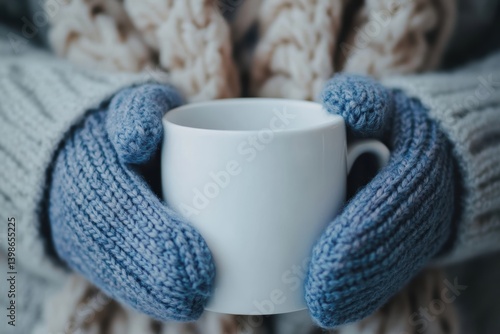 Wallpaper Mural Hands in warm knitted gloves hold a mug with a hot drink. Winter time. Mockup. White cup. AI-generated. Torontodigital.ca
