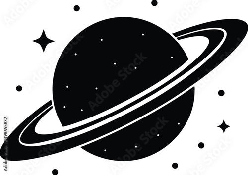 Elegant black and white vector illustration of a ringed planet in space