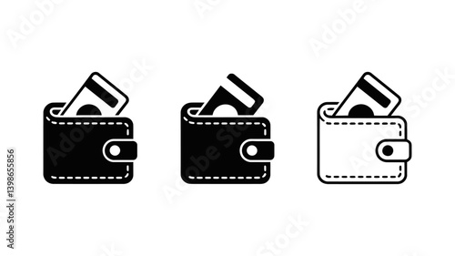 Wallet Icon Set: A collection of three wallet icons, each showcasing a credit card partially visible within, offering a sleek, illustrative representation of financial tools.