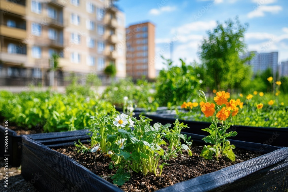 A community garden in the city center, where people grow vegetables and flowers on raised beds made of black plastic fabric boxes with wooden edges, surrounded by apartment buildings Generative AI A community garden in the city center, where people grow vegetables and flowers on raised beds made of black plastic fabric boxes with wooden edges, surrounded by apartment buildings Generative AI