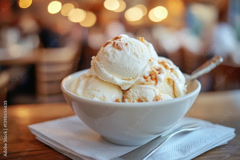 Creamy vanilla ice cream with crunchy nuts in a white bowl. Creamy vanilla ice cream with crunchy nuts in a white bowl.
