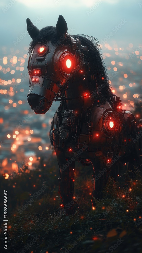 Naklejka premium On a hill with a cityscape behind it, a robot shaped like a horse stands tall. Space for text. Horse symbol 2026