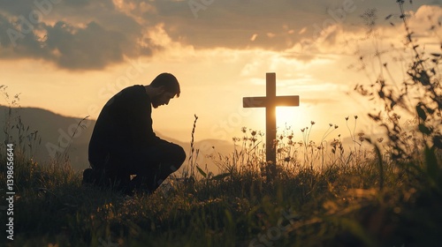 Man praying at cross silhouette at sunset faith hope and christianity concept for spiritual healing 100