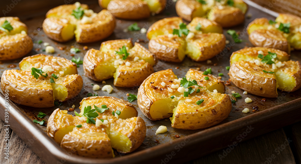 Delicious Crispy Smashed Potatoes Topped with Garlic and Herbs Delicious Crispy Smashed Potatoes Topped with Garlic and Herbs