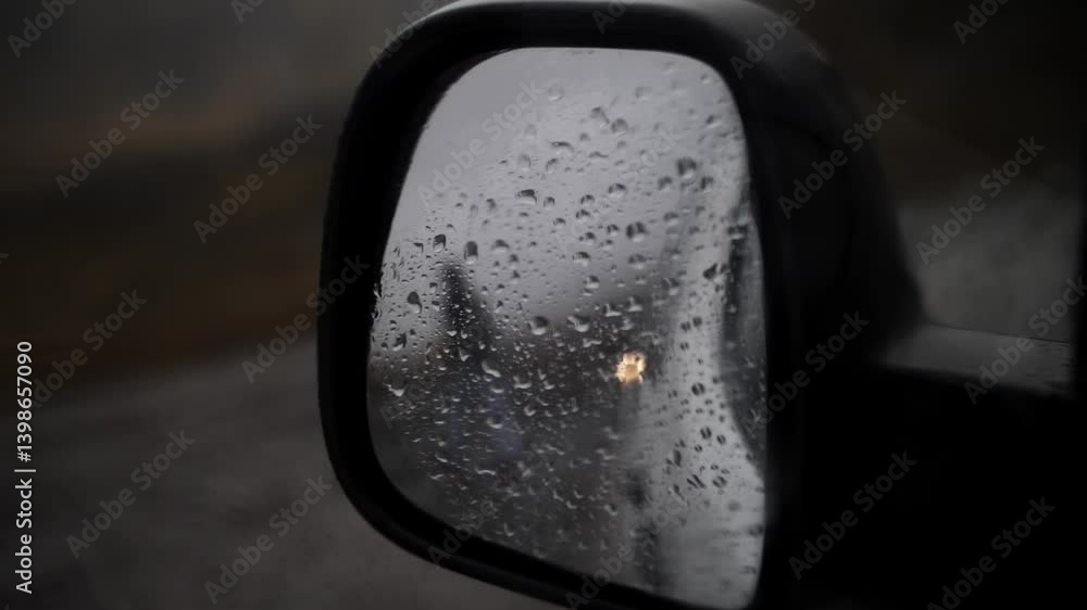 Rainy road view through car side mirror Rainy road view through car side mirror