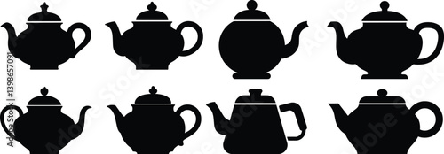 Teapot Silhouette Vector Illustration Set, Vintage and Modern Tea Kettle Vector Icons.