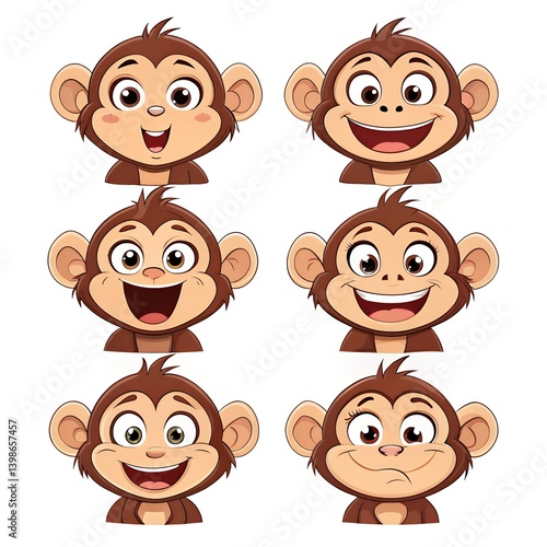 Cute Monkey Cartoon Faces Happy Joyful Playful Expressions