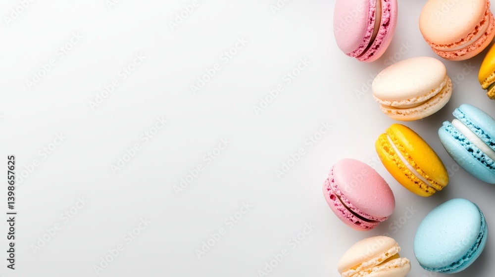 A collection of vibrant macarons showcases an array of colors against a clean white background, evoking a joyful atmosphere ideal for dessert lovers and events A collection of vibrant macarons showcases an array of colors against a clean white background, evoking a joyful atmosphere ideal for dessert lovers and events