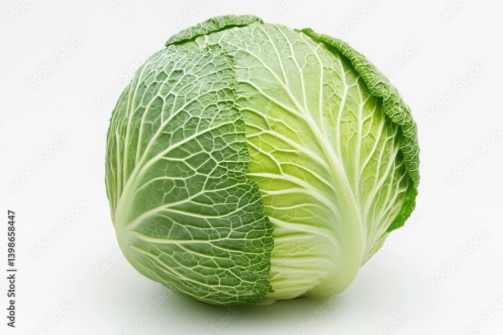 Close up shot of a single green cabbage against a plain white backdrop here Close up shot of a single green cabbage against a plain white backdrop here