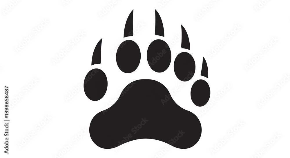 A powerful bear's paw print, a symbol of untamed wilderness and enduring strength, rendered in bold black silhouette against a stark white background.