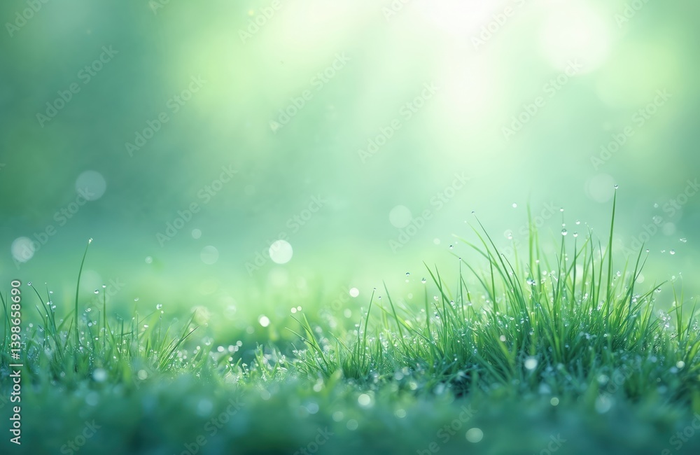 Obraz premium Fresh green grass with morning dew drops. Nature background, sunlight, bokeh effects. Springtime macro photo. Natural eco clean environment. Perfect freshness, purity, growth, lifestyle.