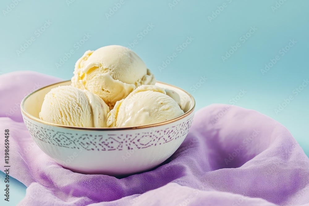Creamy vanilla ice cream scoops in a decorative bowl. Creamy vanilla ice cream scoops in a decorative bowl.