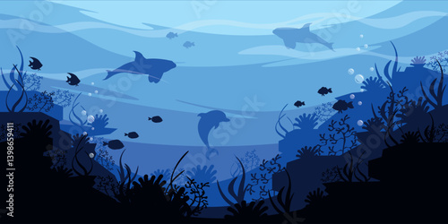 Vector illustration of a beautiful tropical underwater landscape. Cartoon scene of the ocean depths with blue silhouettes of underwater coral reefs, algae,fish of different sizes,water bubbles, waves.