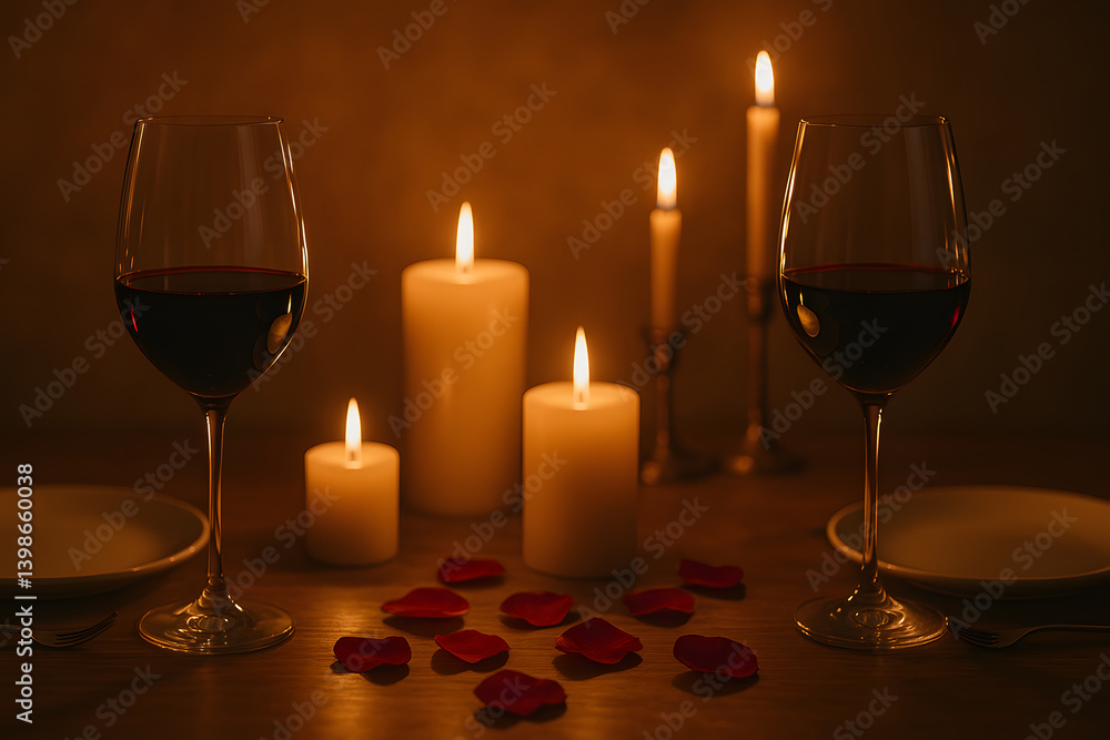 Romantic candlelight dinner setup with red wine, rose petals and elegant tableware for Valentine's Day or anniversary celebration Romantic candlelight dinner setup with red wine, rose petals and elegant tableware for Valentine's Day or anniversary celebration