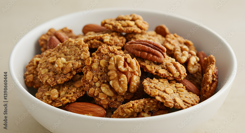 Crunchy Gluten Free Coconut Flour Granola With Nuts In White Bowl Crunchy Gluten Free Coconut Flour Granola With Nuts In White Bowl