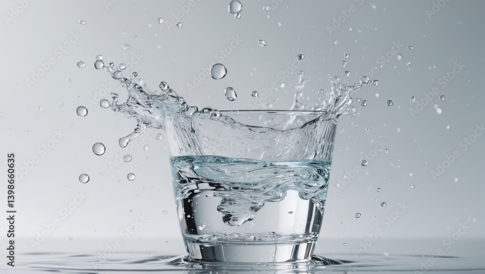 The refreshing burst of water splashing into a glass, a moment of pure hydration captured in crisp detail against a simple gray background. The refreshing burst of water splashing into a glass, a moment of pure hydration captured in crisp detail against a simple gray background.