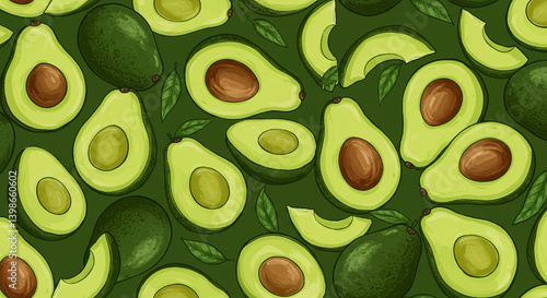 Wallpaper Mural A vibrant tapestry of avocados, whole and sliced, playfully arranged against a rich green backdrop, showcasing their creamy texture and fresh appeal in a lively, hand-drawn style. Torontodigital.ca