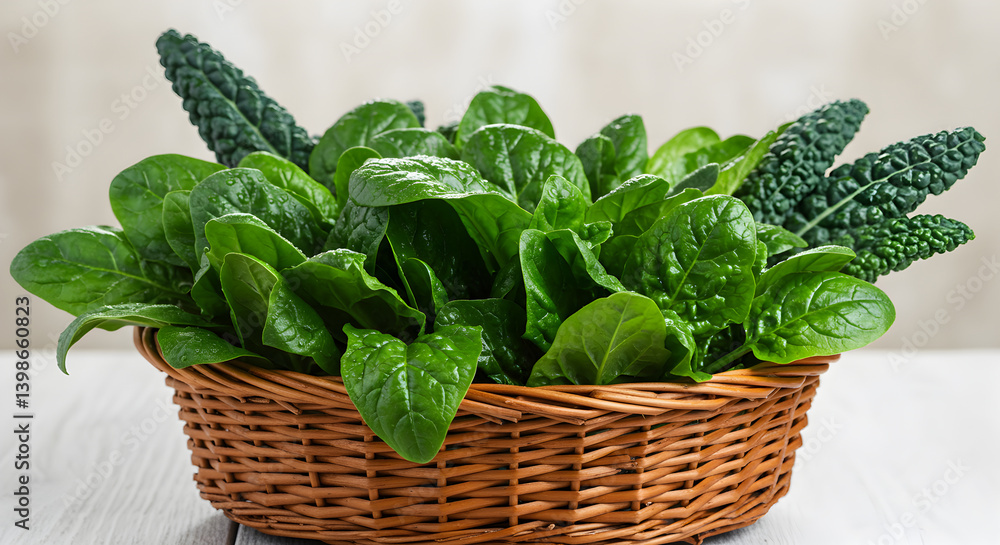 Fresh Organic Spinach and Kale Leaves in a Wicker Basket Produce Fresh Organic Spinach and Kale Leaves in a Wicker Basket Produce