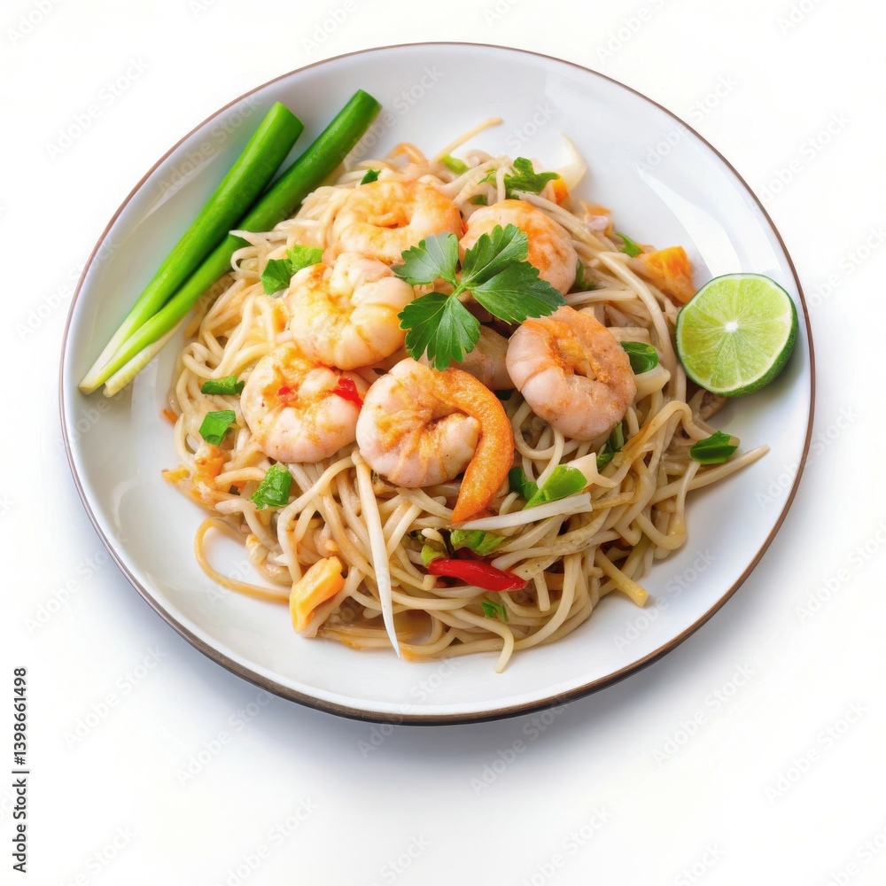 Delicious shrimp noodles stir fry vibrant colors fresh herbs white Delicious shrimp noodles stir fry vibrant colors fresh herbs white