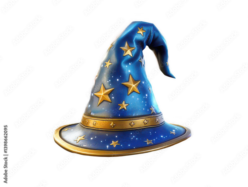 Blue wizard hat with stars and golden band, symbolizing magic and fantasy Blue wizard hat with stars and golden band, symbolizing magic and fantasy