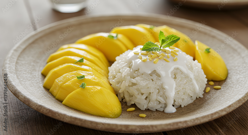 Exquisite Mango Sticky Rice Presentation On A Ceramic Plate Still Life Exquisite Mango Sticky Rice Presentation On A Ceramic Plate Still Life