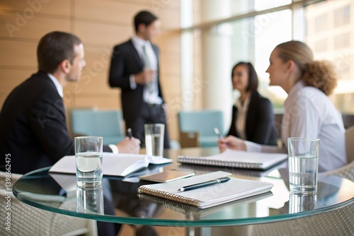 A group of business people are in a conference room, gathered around a table for a meeting.