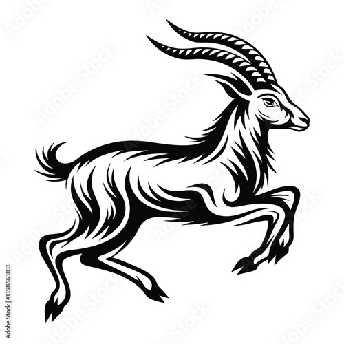 Monochrome Silhouette of an Ibex Leaping, Horned Animal on White Background