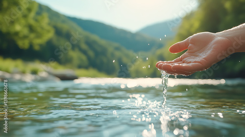 Hand cupping fresh water from a river. Symbol of purity, health, and nature's abundance, showcasing sustainability and the importance of clean water.