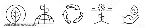 Conjunto de iconos de ecología. Cuidado ambiental, sostenibilidad y preservación natural. Hoja ecológica, planeta con planta, reciclaje, crecimiento de planta, conservación del agua