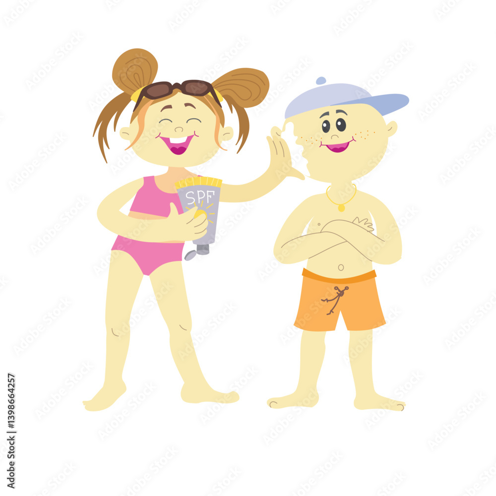 Cute Little Girl applying sunscreen to boy. Protection from UV rays and sunburn. Cartoon Childrens Vector Illustration isolated on a white background. Cute Little Girl applying sunscreen to boy. Protection from UV rays and sunburn. Cartoon Childrens Vector Illustration isolated on a white background.