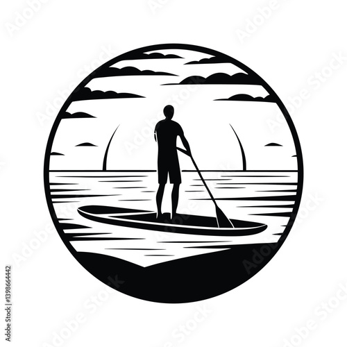 Paddleboarding Silhouette Ocean Waves, Man Paddling on Board, Water Sport, Sea View