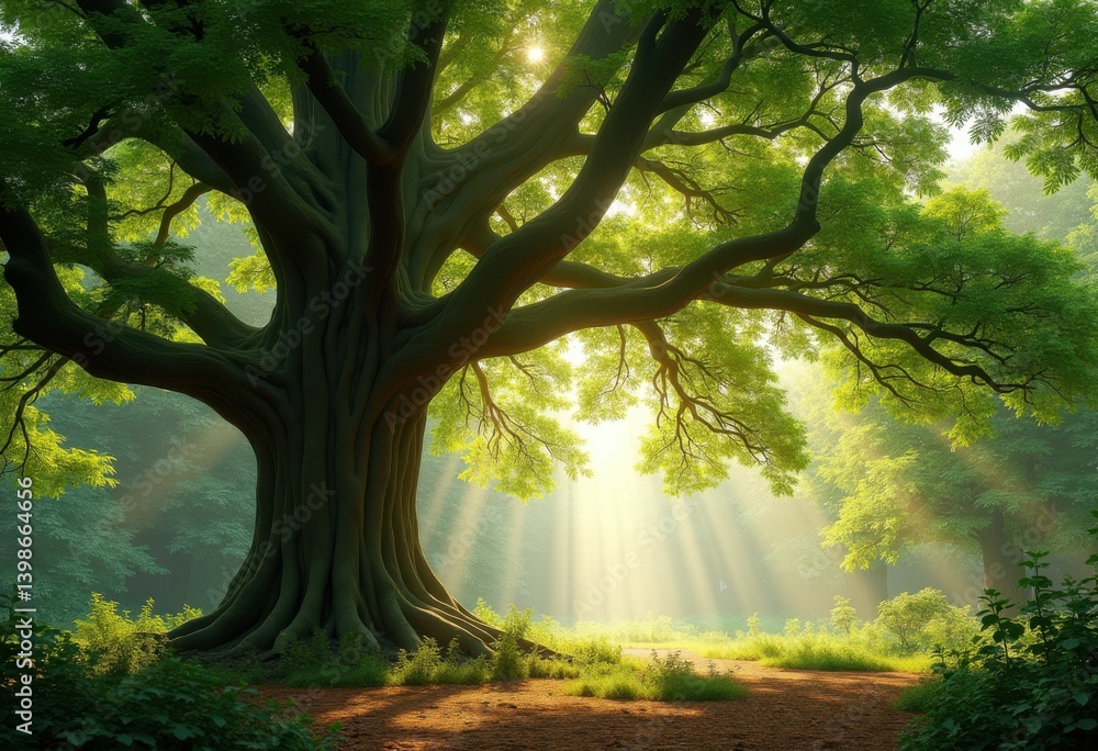 Naklejka premium majestic oak tree canopy filtering sunlight through leaves creating dappled light shuffle forest floor, shade, glow, branch, twig, foliage, roots, scenery