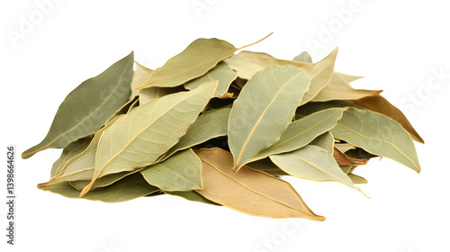 Pile of dried bay leaves on a white background