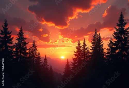 silhouette pine forest dramatic sunset overcast sky vibrant colors lush trees, nature, dusk, landscape, clouds, outdoors, light, scene, evening, tranquil