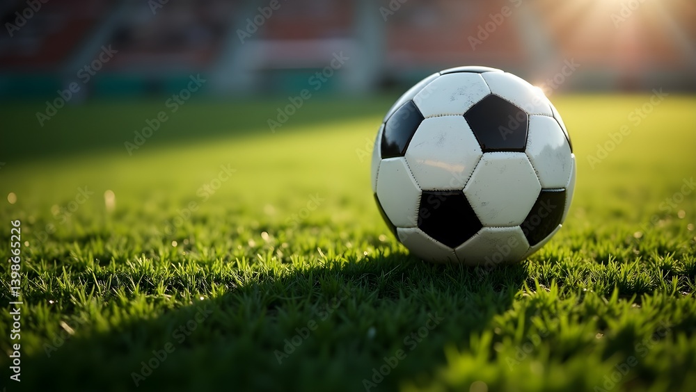 Obraz premium Lone Soccer Ball on Lush Green Field Stadium Backdrop with Golden Hour Sunlight