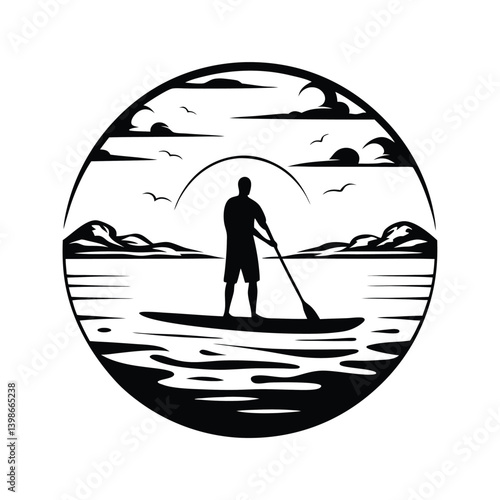 Paddleboarding Silhouette Paddleboarder on Water with Mountains and Birds Circle Art