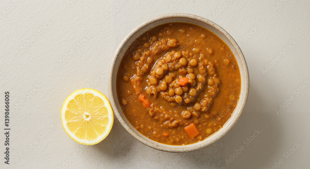 Lentil Soup with Lemon Slice on Neutral Background Lentil Soup with Lemon Slice on Neutral Background