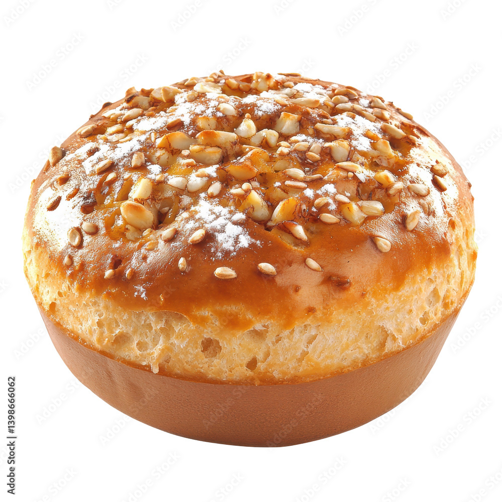 Freshly baked bread roll topped with nuts, placed on a clean surface, ideal for food photography Freshly baked bread roll topped with nuts, placed on a clean surface, ideal for food photography