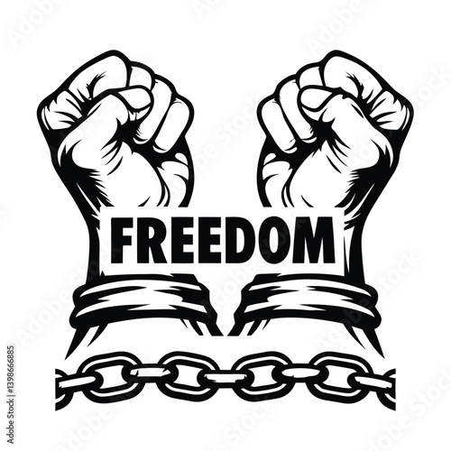 Raised Fists Chain Breaking Symbol, Breaking Shackles, Isolated Black And White Silhouette