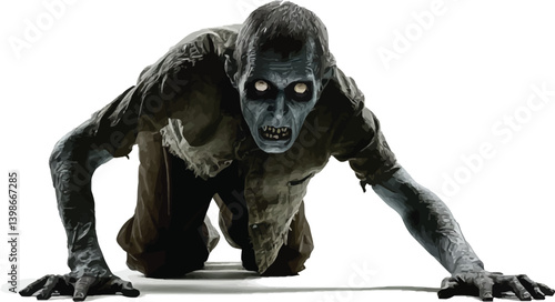 Crawling Undead: A gruesome undead figure crawls forward, with its gray skin and hollowed eyes, exuding a chilling horror atmosphere.