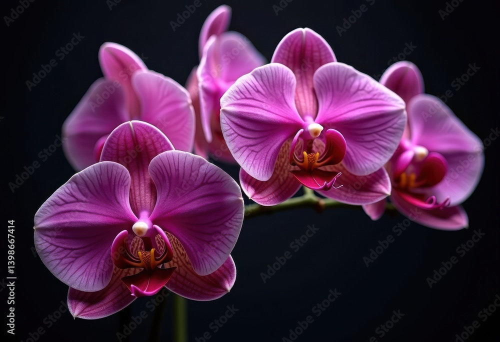 Obraz premium vibrant orchid blossoms bold colors dark backdrop exotic floral display nature elegance beauty, bloom, petal, pink, yellow, purple, green, leaf, botanical