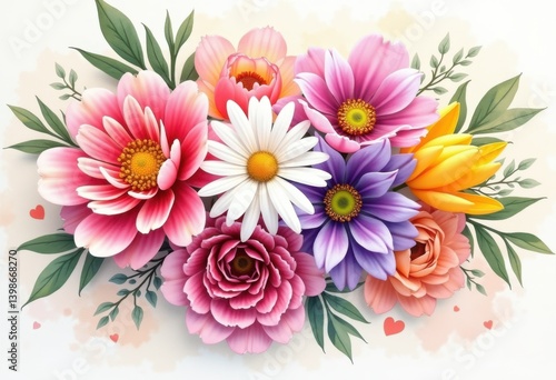 vibrant watercolor flower bouquet artistic paper floral arrangement bright colors nature beauty, pink, yellow, red, blue, green, petal, stem, leaf, decoration