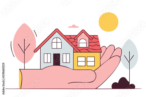 Hand holding a house illustration symbolizing home protection, safety, and property security