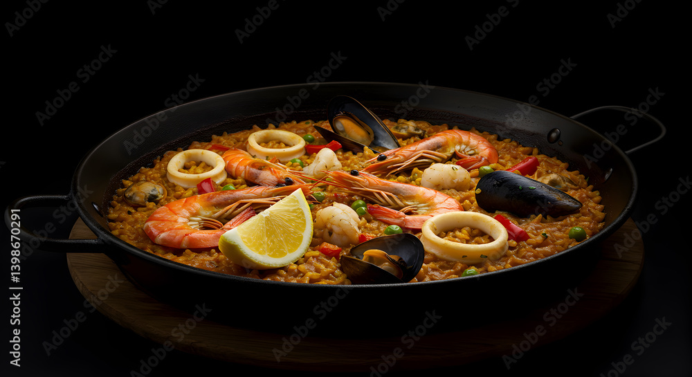 Seafood Paella In Cast Iron Pan On Dark Background With Lemon Wedge Seafood Paella In Cast Iron Pan On Dark Background With Lemon Wedge