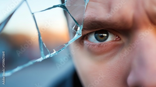 Eye peeking through shattered glass represents vulnerability and distorted perception