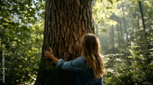 A young woman hugs a massive tree in a sunlit forest, symbolizing mindfulness, nature connection, and environmental care in a peaceful natural setting.